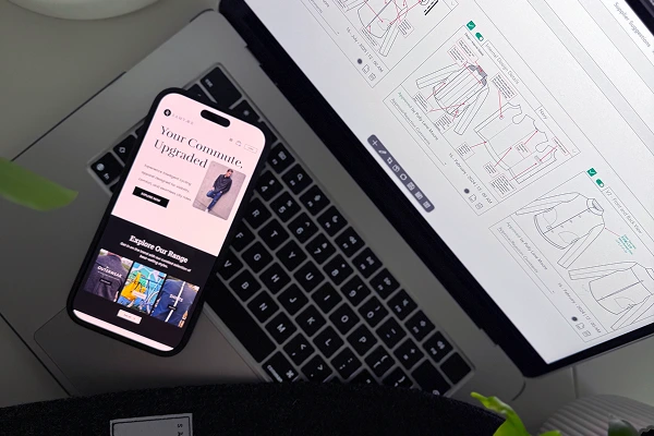 Laptop and smartphone displaying fashion product development and e-commerce interface.