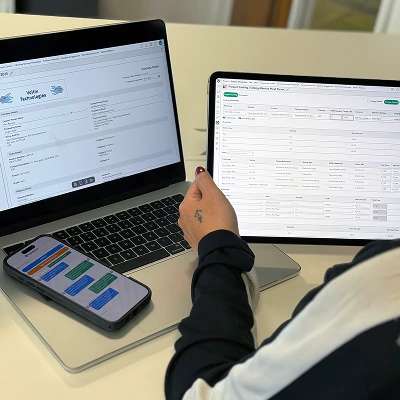 Person working on a laptop and tablet displaying product costings and purchase order management software.