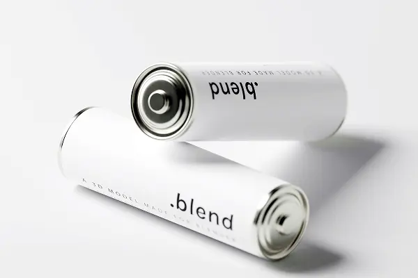 Two white cylindrical batteries with the brand name “blend” printed on them, placed on a white surface.