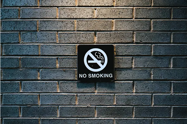 No smoking sign mounted on a dark brick wall.