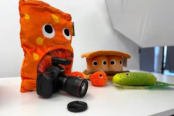 Canon DSLR camera surrounded by plush toy food products on a studio photography set.