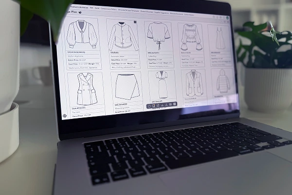 Laptop screen displaying digital fashion sketches for planning and product development.