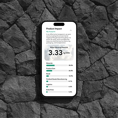Smartphone displaying a product impact report showing global warming potential and breakdown of materials, care, retail, manufacturing, logistics, and end of use.