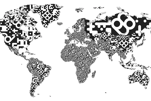Black and white world map illustration made of QR codes, representing global transparency and data consistency.
