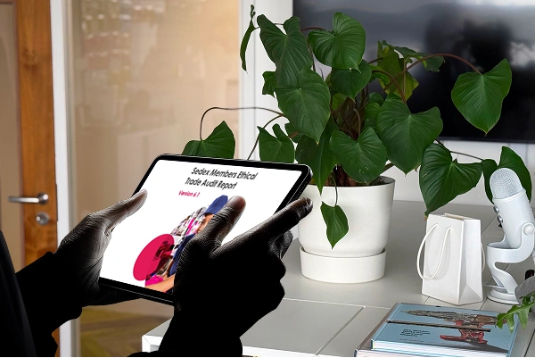 Person wearing black gloves holding a tablet displaying a Sedex Members Ethical Trade Audit Report in an office.