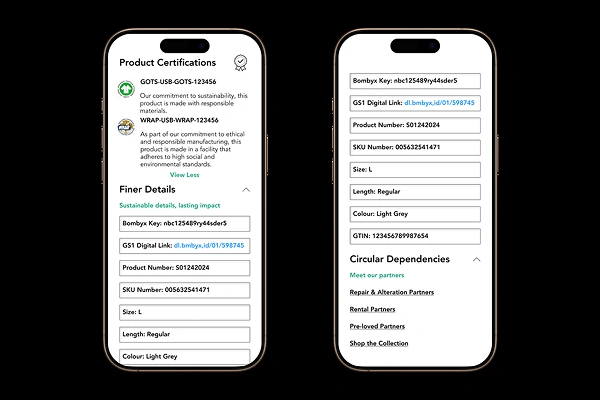 Two smartphones displaying product certification, finer details, and circular dependency data for a textile product.