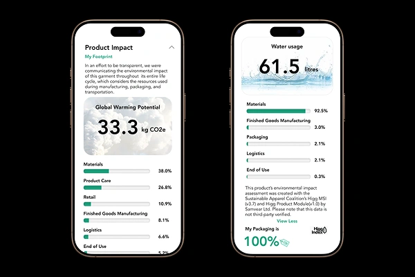 Two smartphones displaying product sustainability impact data, including global warming potential and water usage metrics.