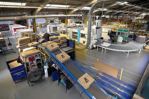 Automated packaging and conveyor system operating inside a modern manufacturing facility.