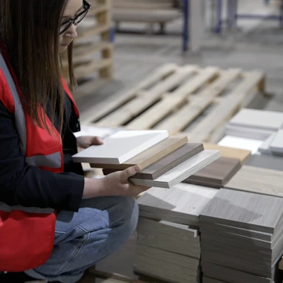 Woman in a red safety vest inspecting wood panel samples in a warehouse environment.