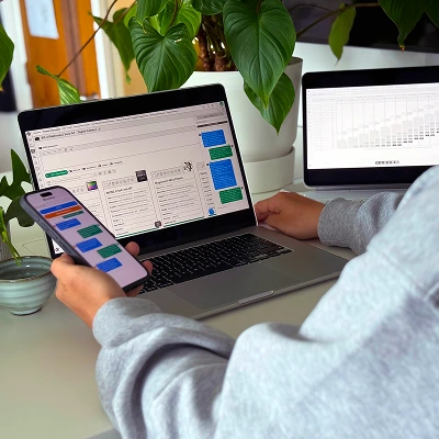 Person using multiple devices with collaborative messaging and planning tools, highlighting seamless cross-platform communication.