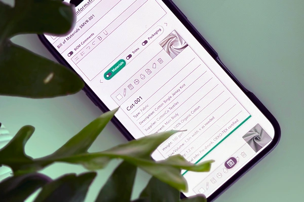 Smartphone screen displaying sustainable Bill of Materials for organic cotton fabric.